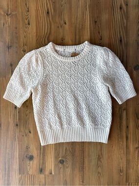Cream Short-Sleeve Pointelle Knit Sweater